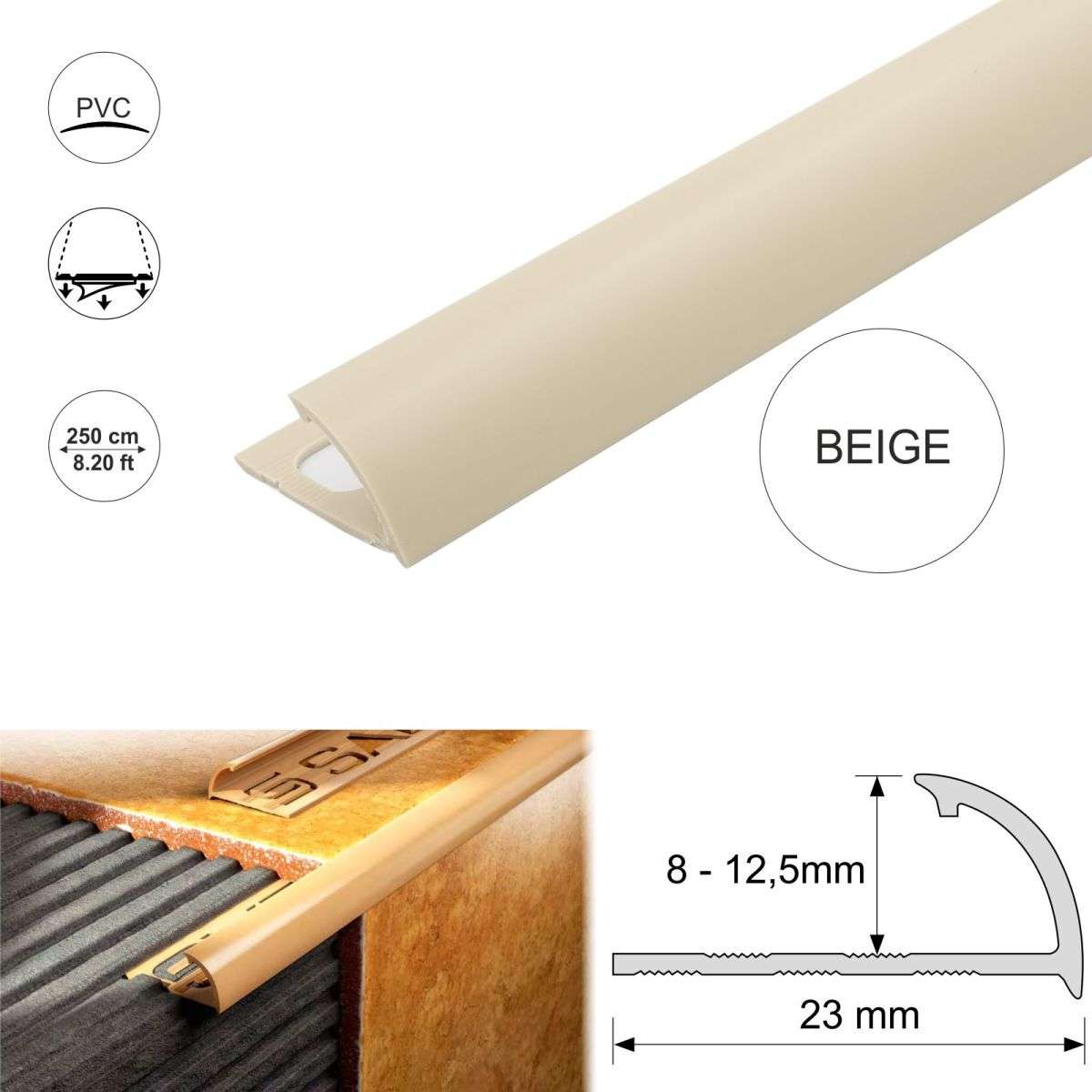 Round Edge PVC Tile Trims Quadrant Tile 8,10,12.5mm