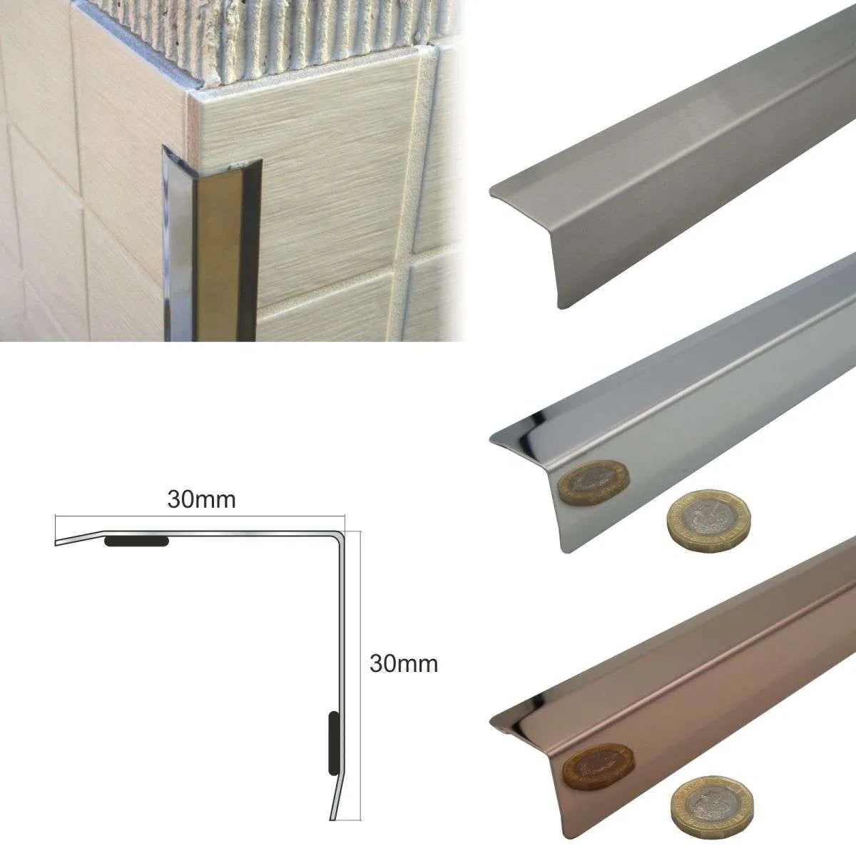 Stainless steel angle wall  cladding corner trim protector bevelled edges 30x30mm