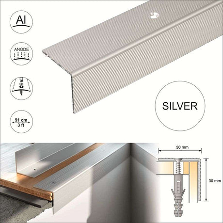 Silver S04 30 x 30mm  Non Slip Ribbed Treads Stair Nosing Edge Trim