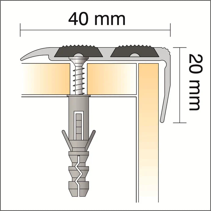 SA11 40 x 20mm Non Slip Rubber Aluminium Stair Nosing Edge Trim With Insert External Use