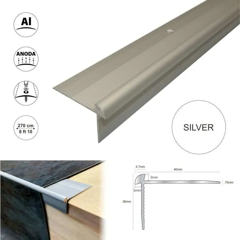 TVC -40 x 26mm Silver LVT Stair nosing Edge Profile