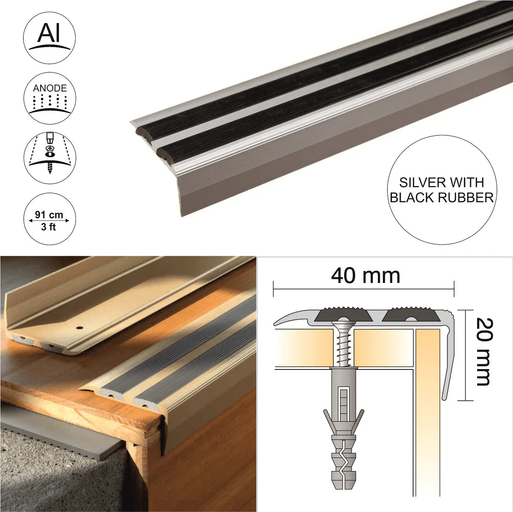 Silver and Black Rubber SA11 40 Anodised Aluminium Non Slip Rubber Stair